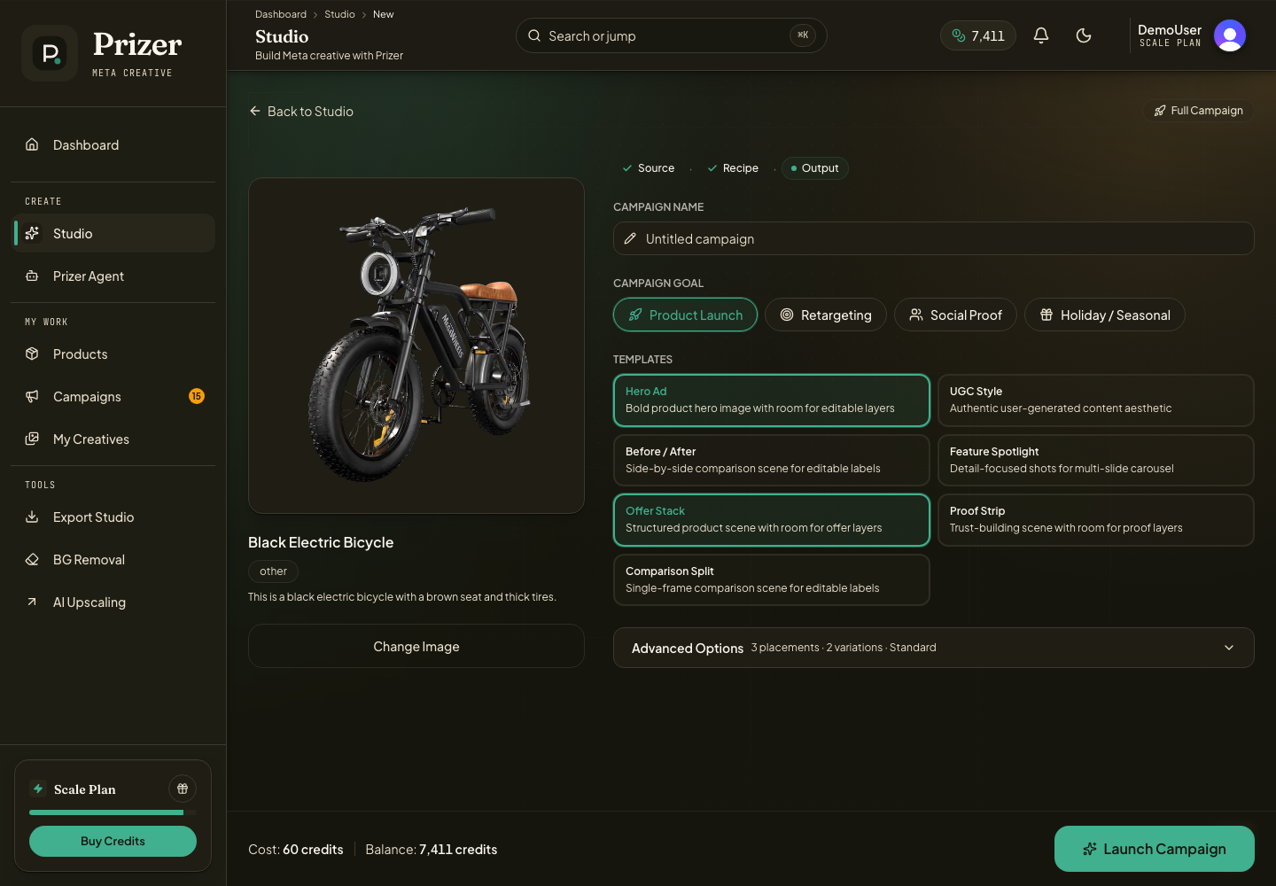 Full Campaign setup in Studio for selecting a product and campaign configuration