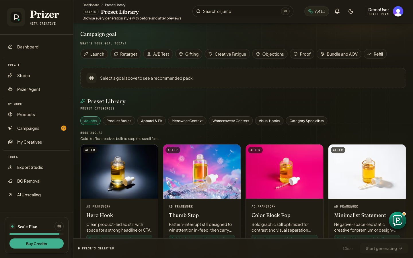 Preset Library page with campaign goals, preset categories, and ad framework cards