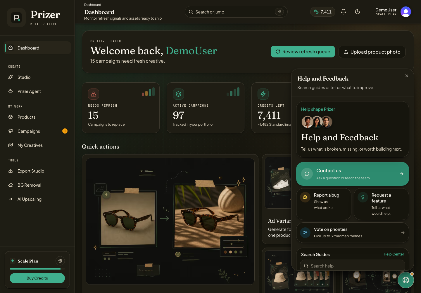 Prizer dashboard with the Help and Feedback widget open