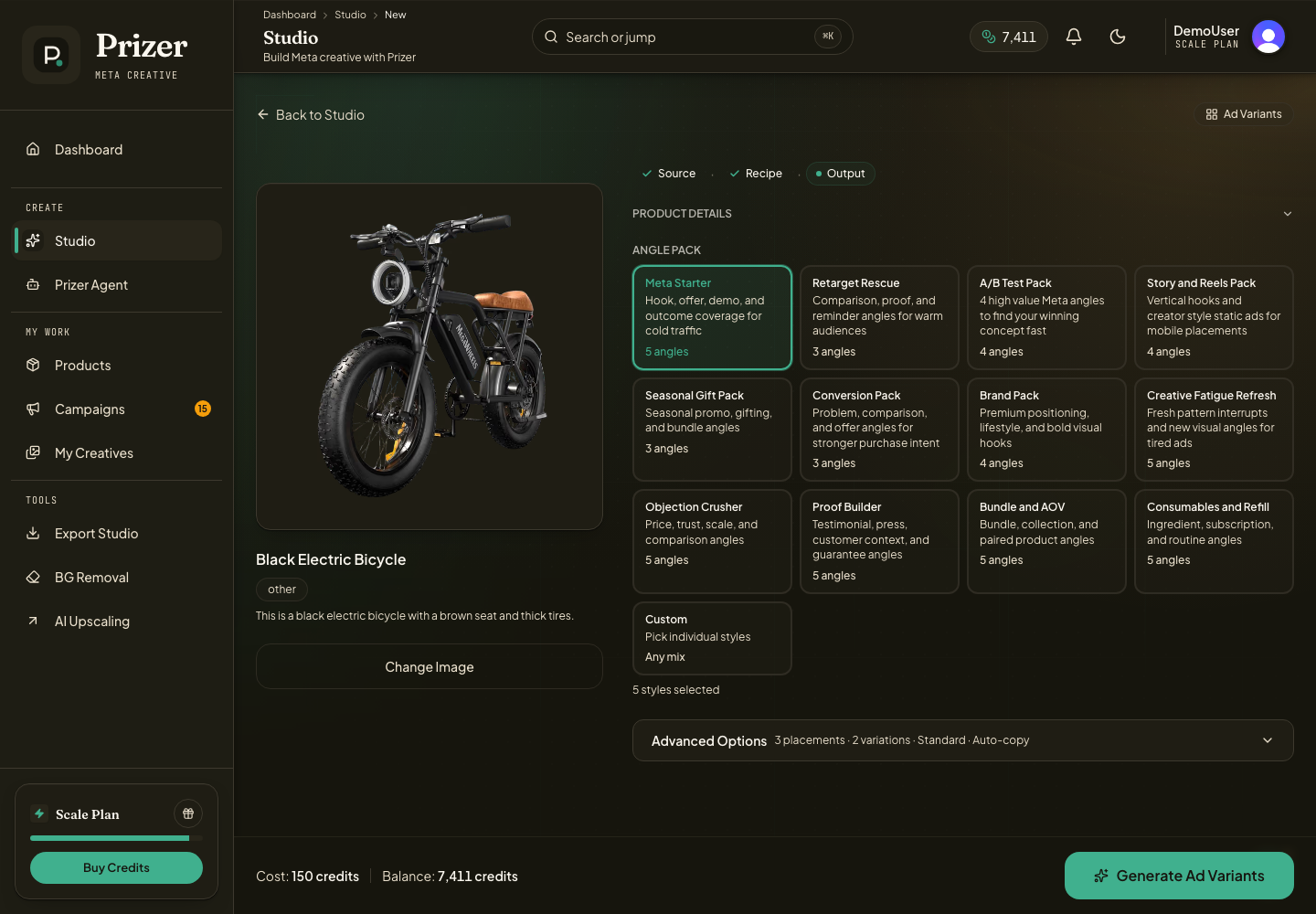 Ad Variants Studio setup with product selection and configuration