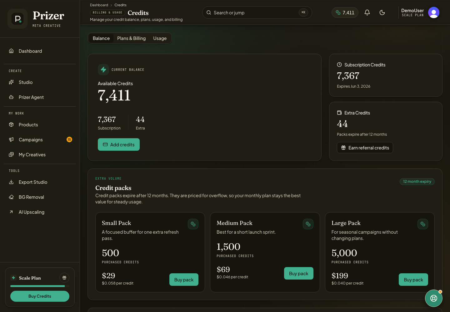 Credits page showing plan and credit information