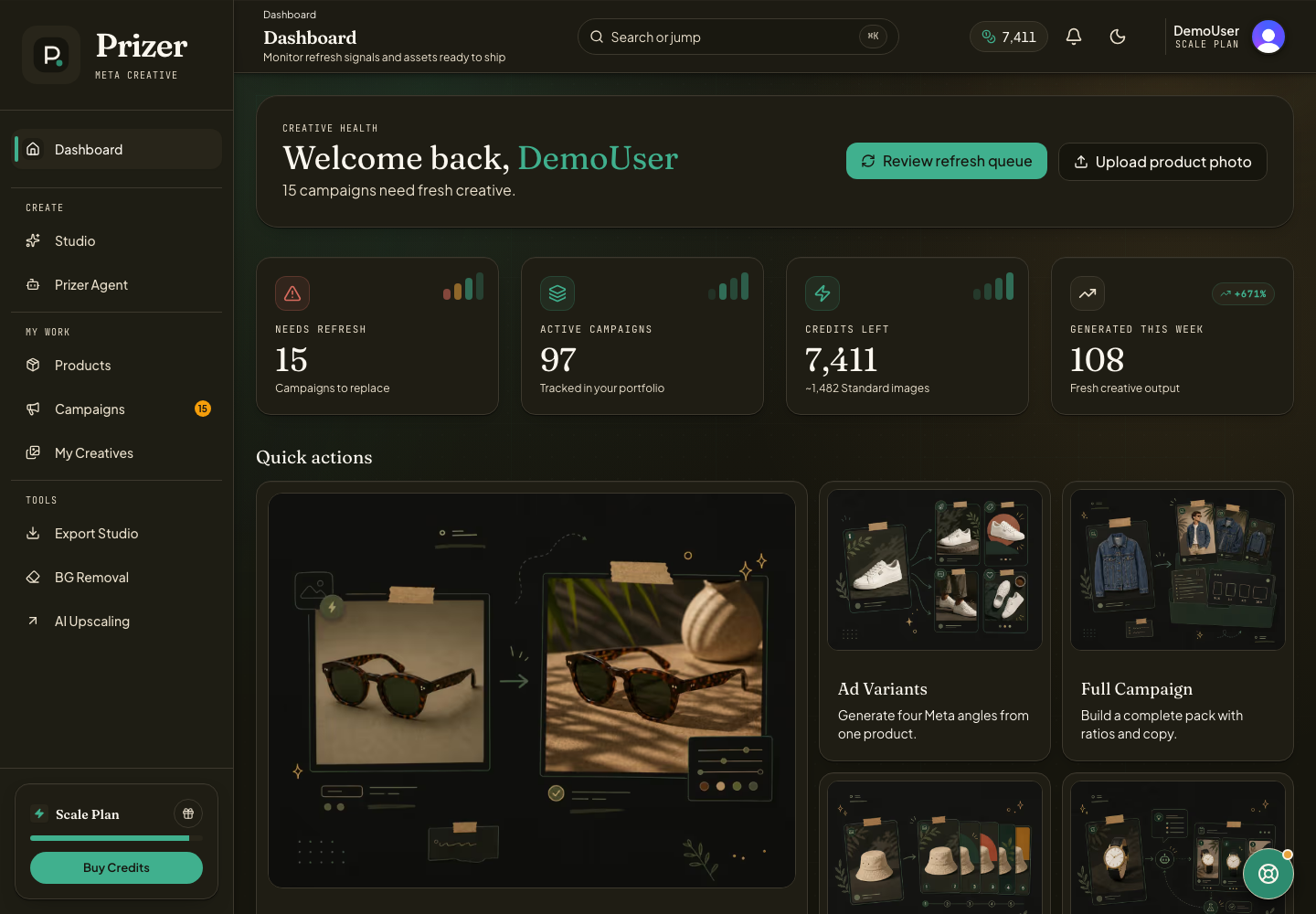 Prizer dashboard with navigation for Studio, Products, Campaigns, My Creatives, Export Studio, background removal, and AI upscaling