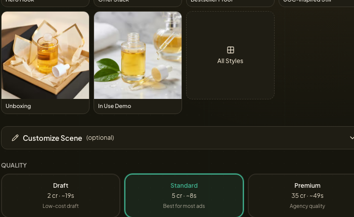 Studio quality tier controls showing Draft, Standard, and Premium options