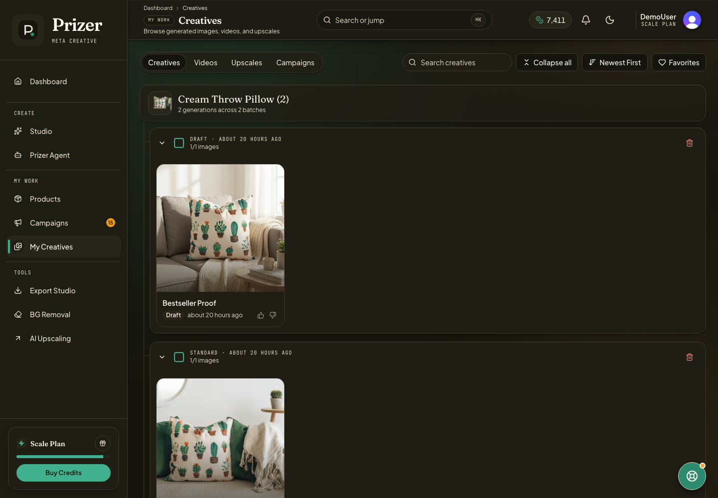My Creatives library with generated product images and filtering controls
