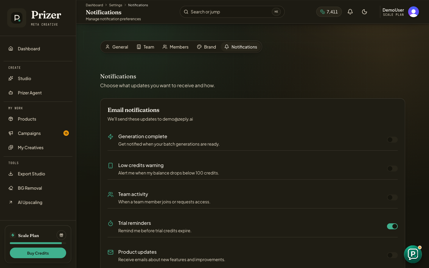 Notification settings page with email and lifecycle notification controls