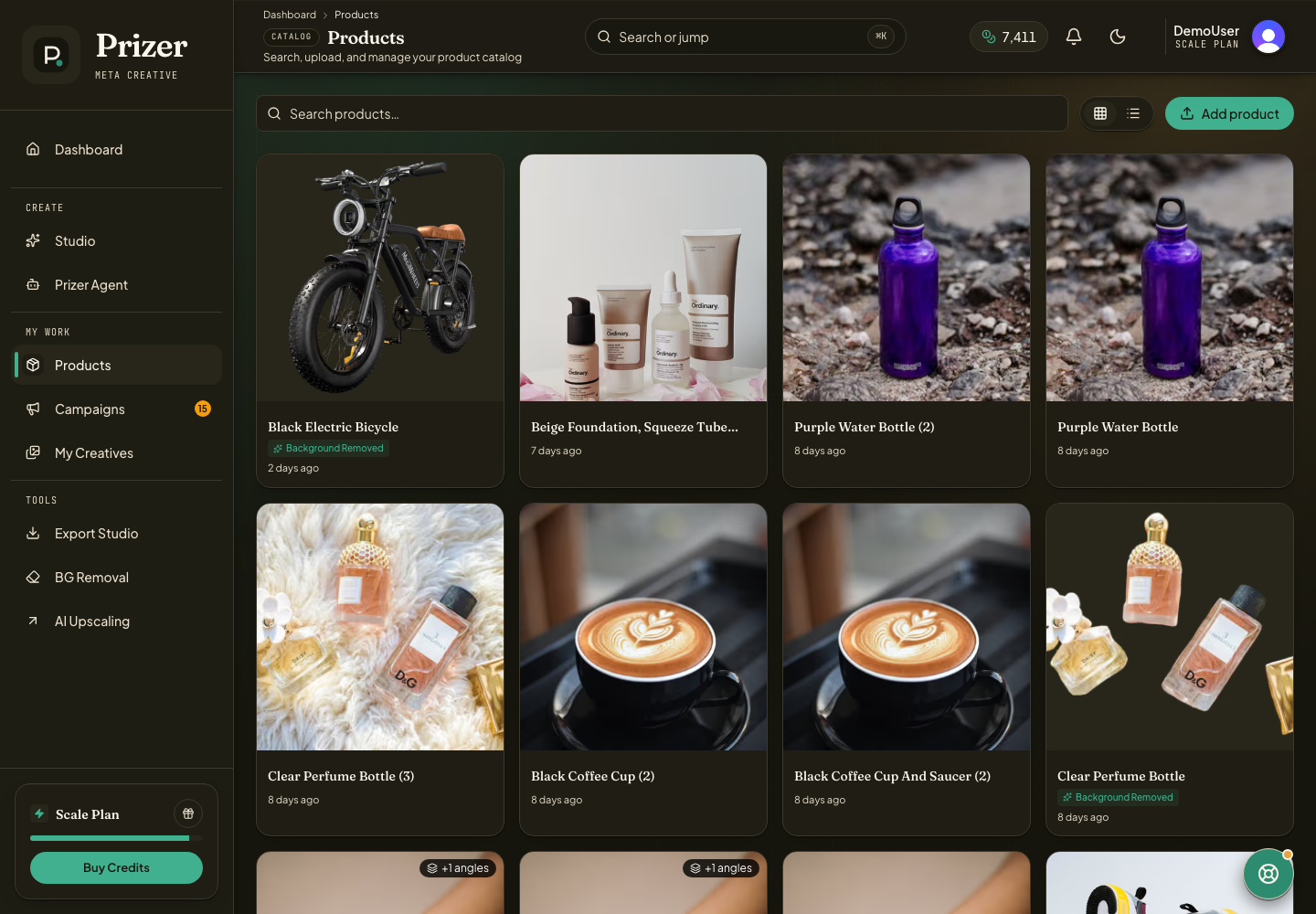 Products library with search, grid view, list view, and upload controls