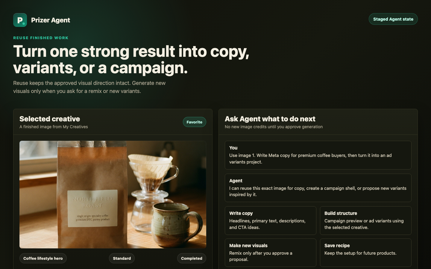 Prizer Agent staged example for reusing a selected creative