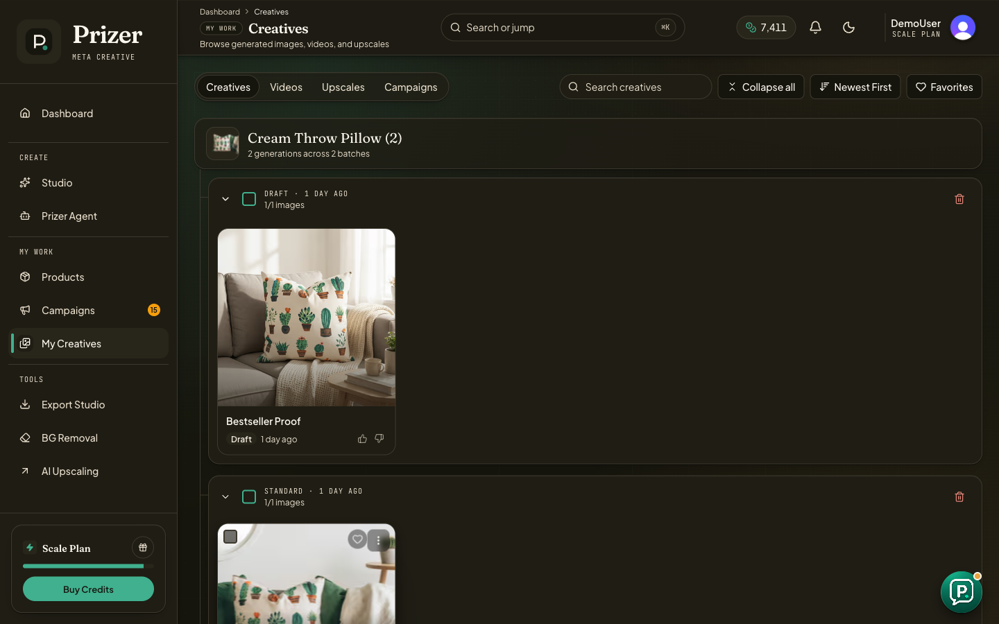 My Creatives page showing generated assets grouped by product and batch