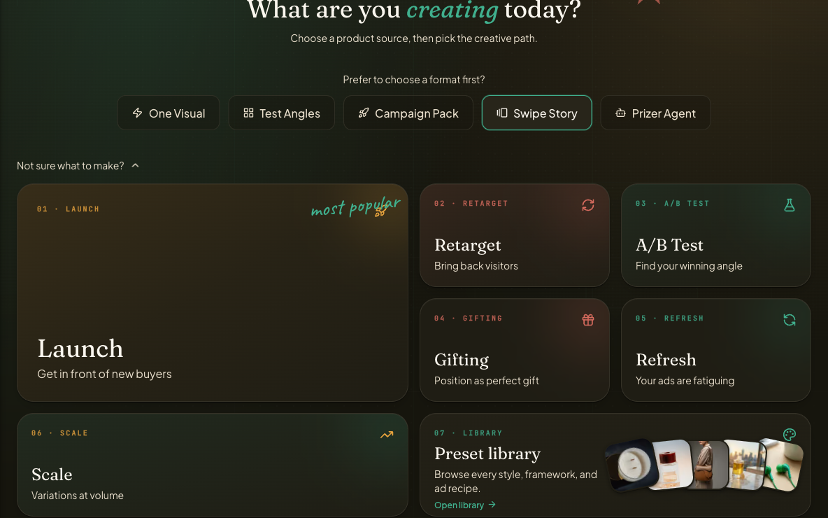 Studio workflow picker showing One Visual, Test Angles, Campaign Pack, Swipe Story, and Prizer Agent options