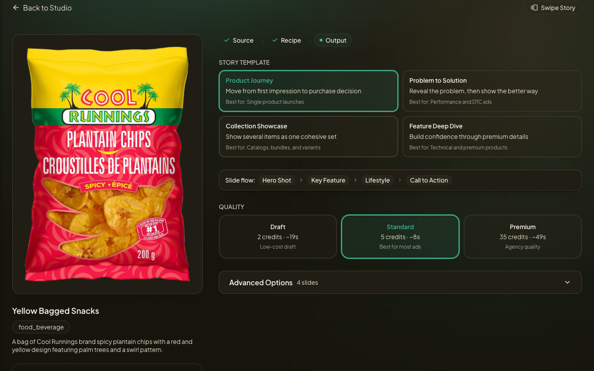 Swipe Story setup showing story templates, slide flow, quality tiers, and selected product image