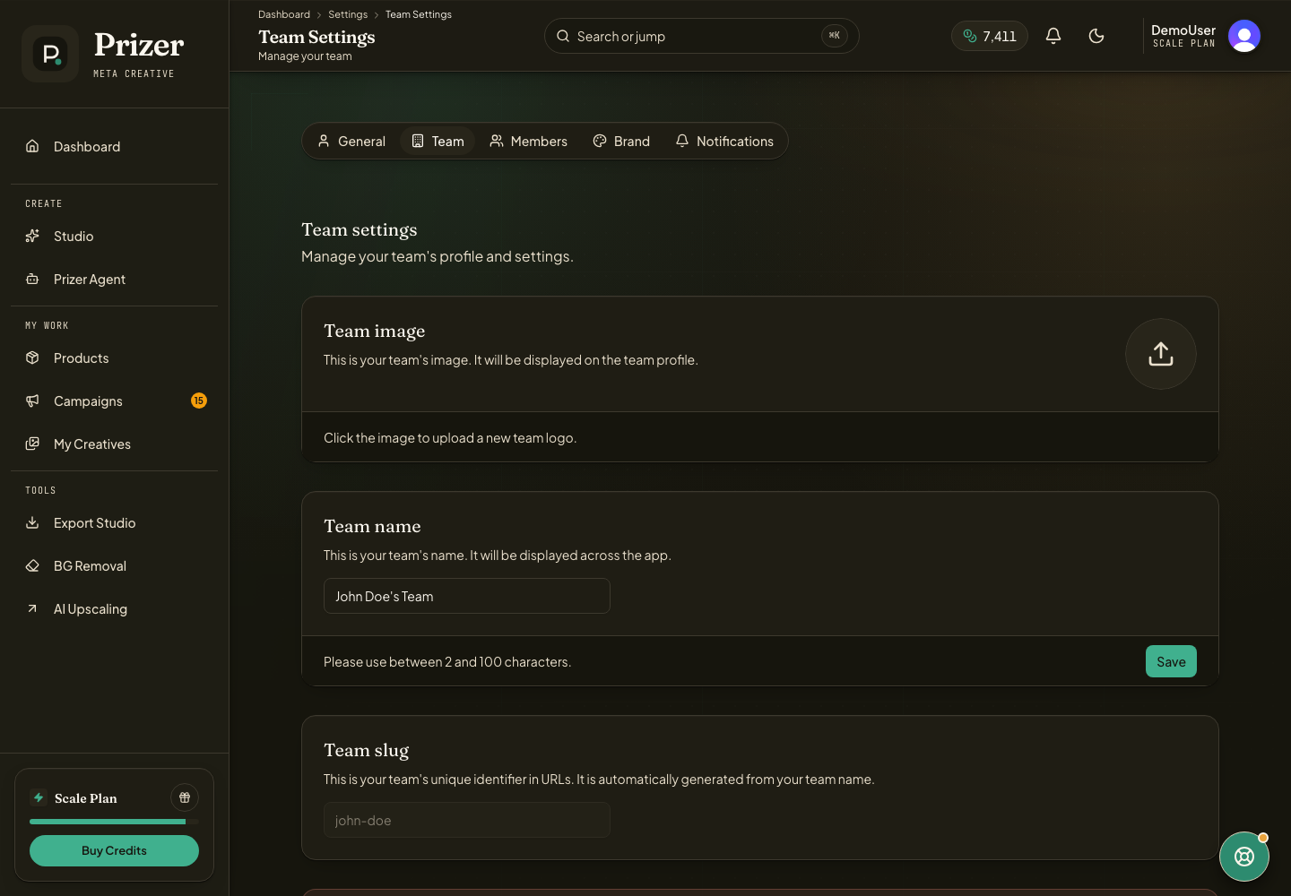 Team settings page for managing workspace details