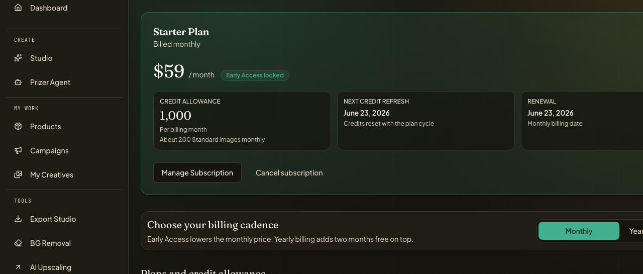 Prizer Credits billing page showing the Manage Subscription button