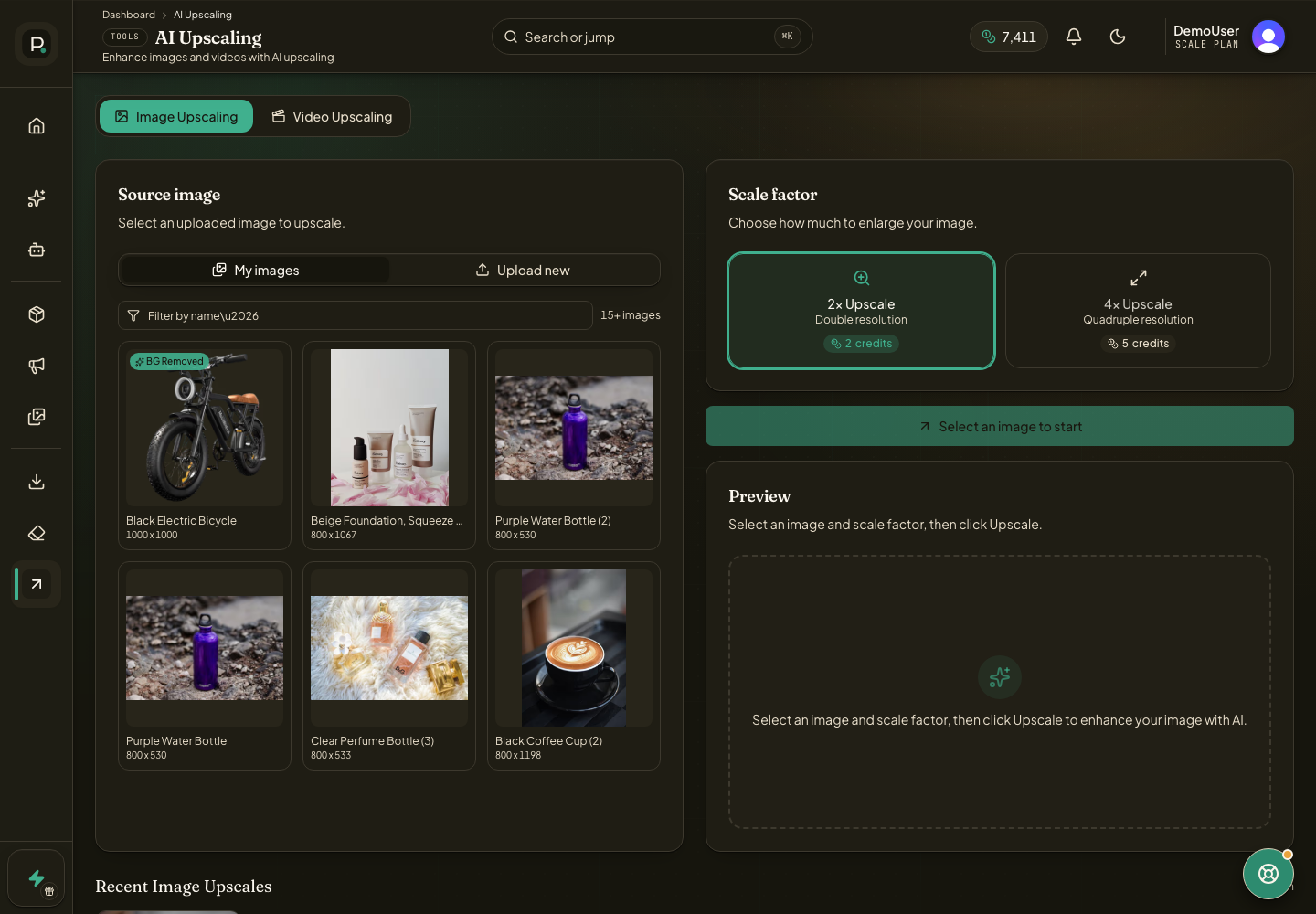 AI Upscaling page with image and video mode controls