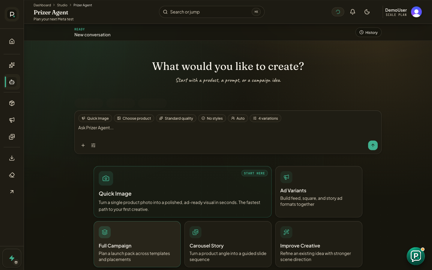 Prizer Agent page with a prompt box, product chooser, quality setting, variation count, and workflow cards